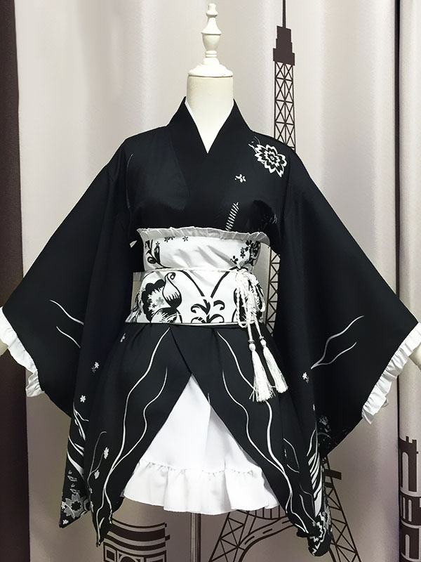 Japanese Anime Girls' Kawaii Kimono Cosplay Costume Black Kimono -  