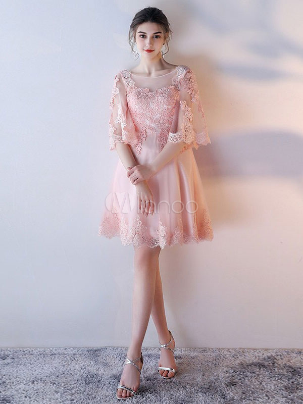Blush Homecoming Dress Tulle Soft Pink Short Prom Dress Lace Applique ...