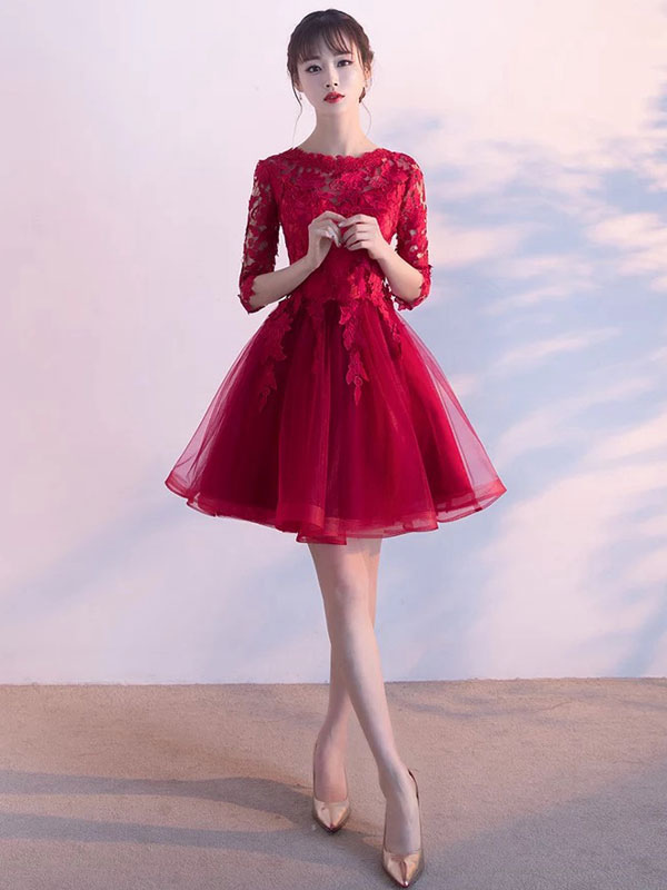 Wedding & Events Occasion Dresses | Burgundy Homecoming Dress 2022 Lace Short Prom Dress Half Sleeve Princess Mini Cocktail Dres