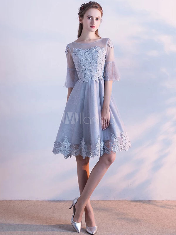 Lace Homecoming Dress Light Grey Illusion Neckline Applique Bell Sleeve ...