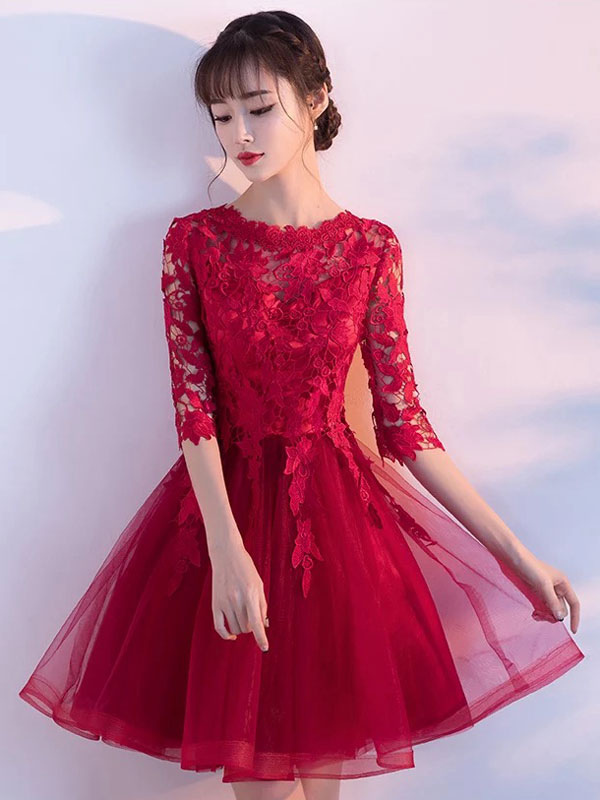 Burgundy Homecoming Dress Lace Short Prom Dress Half Sleeve Princess ...