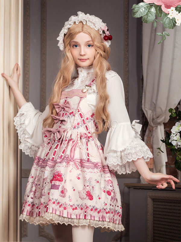 Sweet Lolita Dress Neverland Cherry Deer JSK Pink Printed Lolita Jumper ...