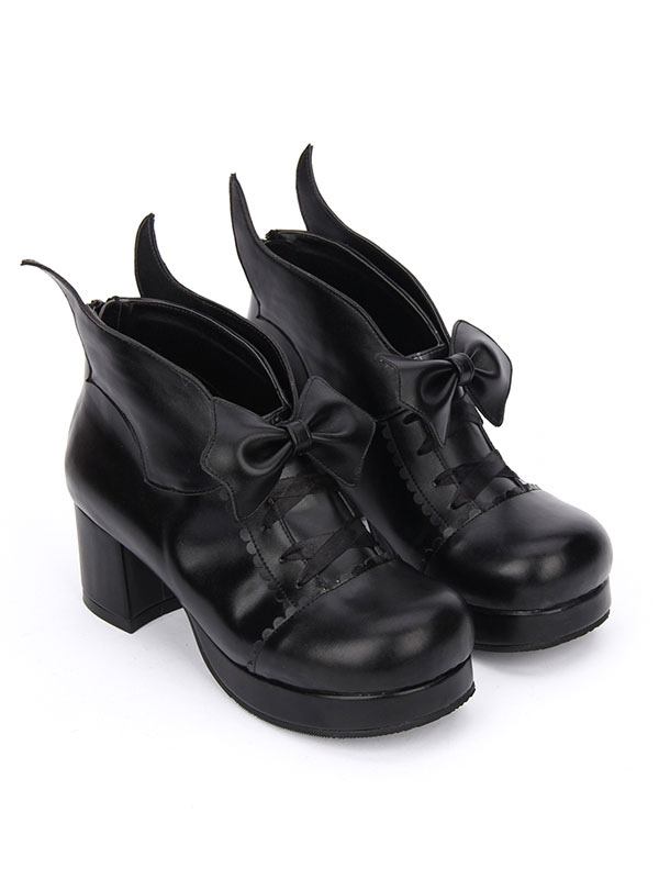 Gothic Lolita Shoes Bow Platform Chunky Heel Black Lolita Pumps ...