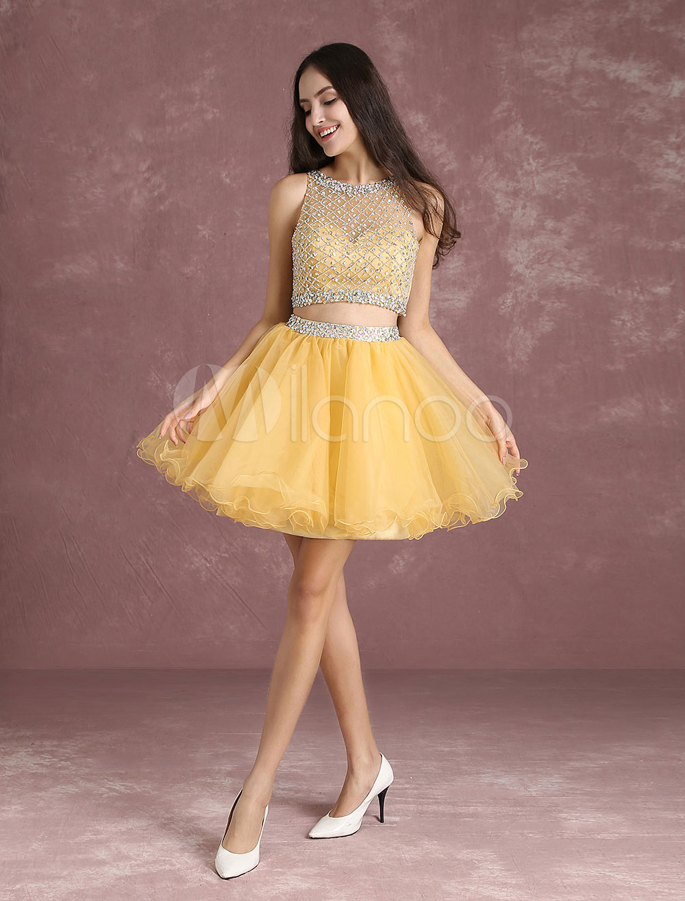 yellow two piece short prom dresses