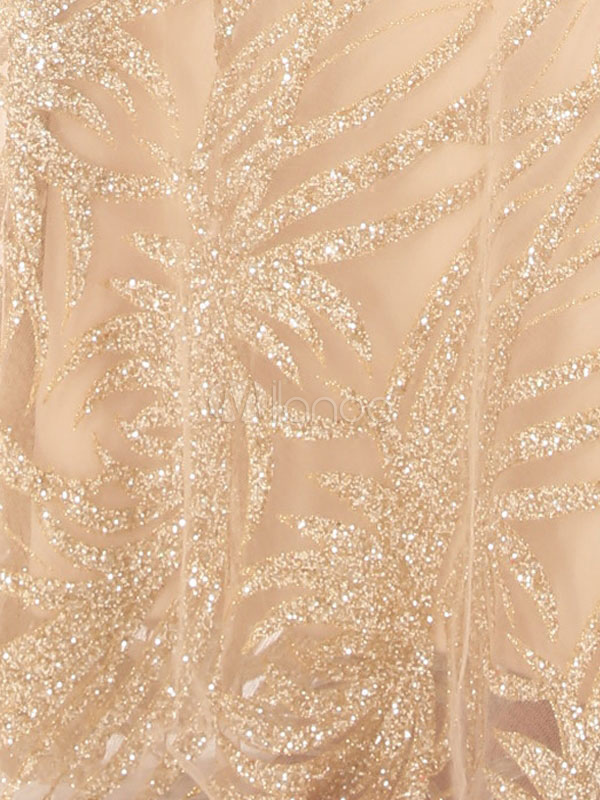 Sheath Evening Dress Light Gold Sequined Party Dress Backless Illusion