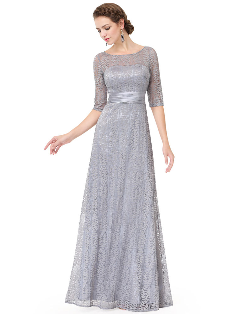 Lace Mother Dress Light Grey Formal Evening Dress Half Sleeve Illusion ...
