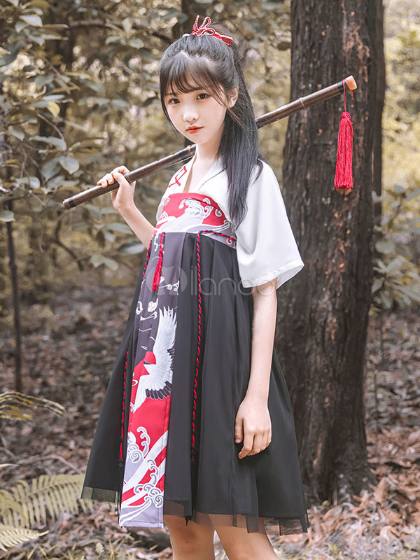 Hanfu Lolita Outfit V Neck Half Sleeve Color Block Net Grus Japonensis ...