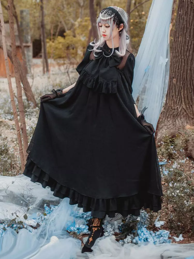 Classic Lolita OP One Piece Dress Stand Collar Long Sleeve Frills