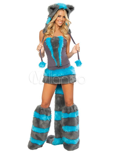 sexy racoon costume halloween womens ocean blue faux fur jumper with shoes and hat halloween