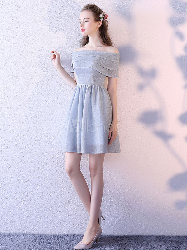 Light Grey Dresses Off The Shoulder Short Sleeve Ruffles A