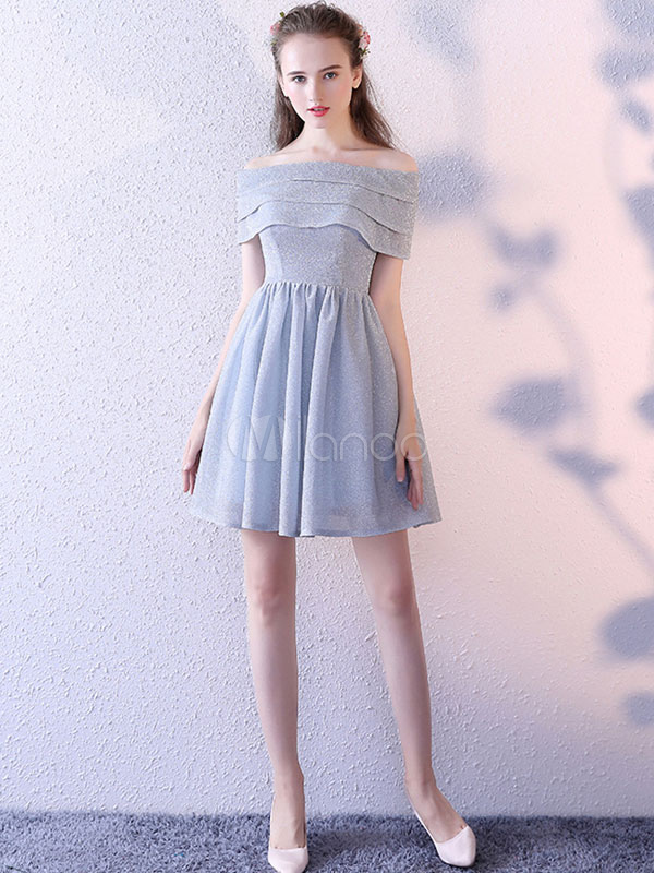 Light Grey Dresses Off The Shoulder Short Sleeve Ruffles A