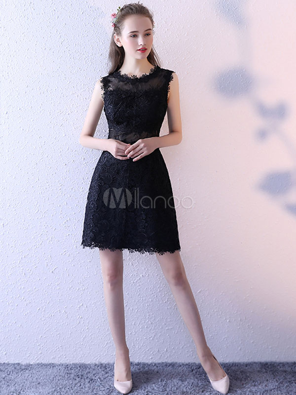 Little Black Dress Sleeveless A Line Lace Party Dresses Illusion Round ...