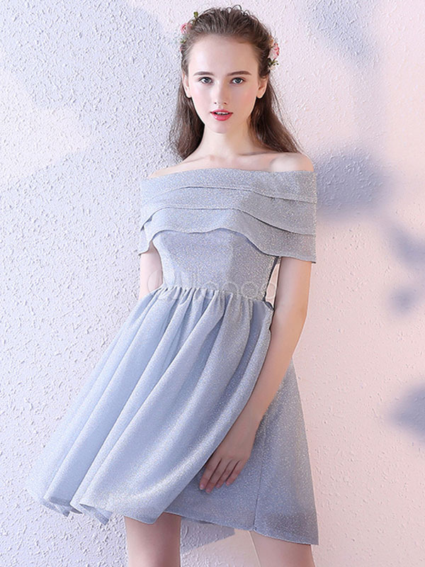 Light Grey Homecoming Dresses Off The Shoulder Short Sleeve Ruffles A ...