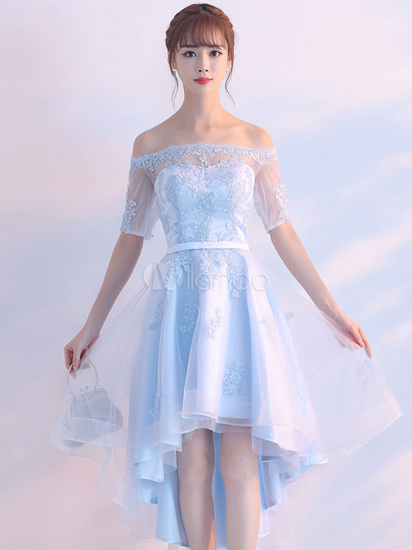 Tulle Prom Dress Pastel Blue Illusion Sash Off The Shoulder Lace ...