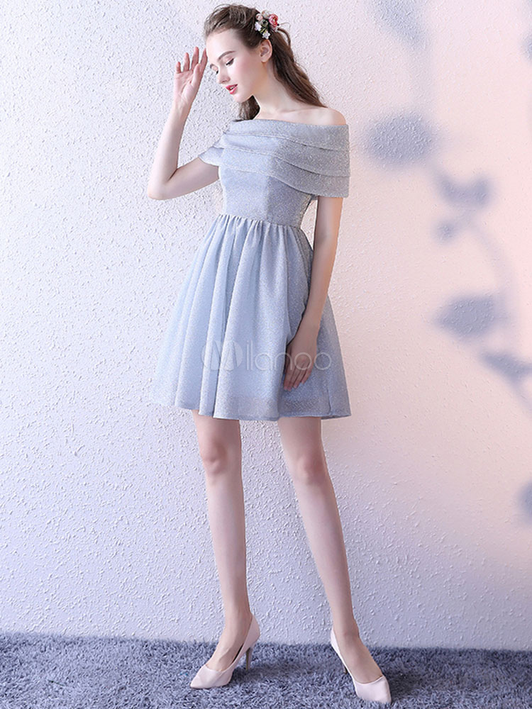 Light Grey Dresses Off The Shoulder Short Sleeve Ruffles A