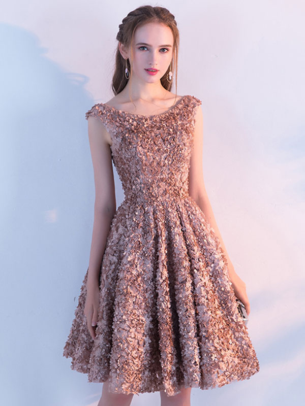 Sequin Party Dress Amber Lace Sleeveless Homecoming Dresses Round Neck 