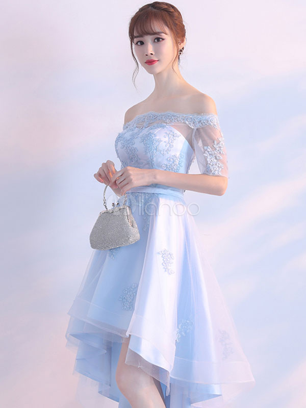 Tulle Prom Dress Pastel Blue Illusion Sash Off The Shoulder Lace ...