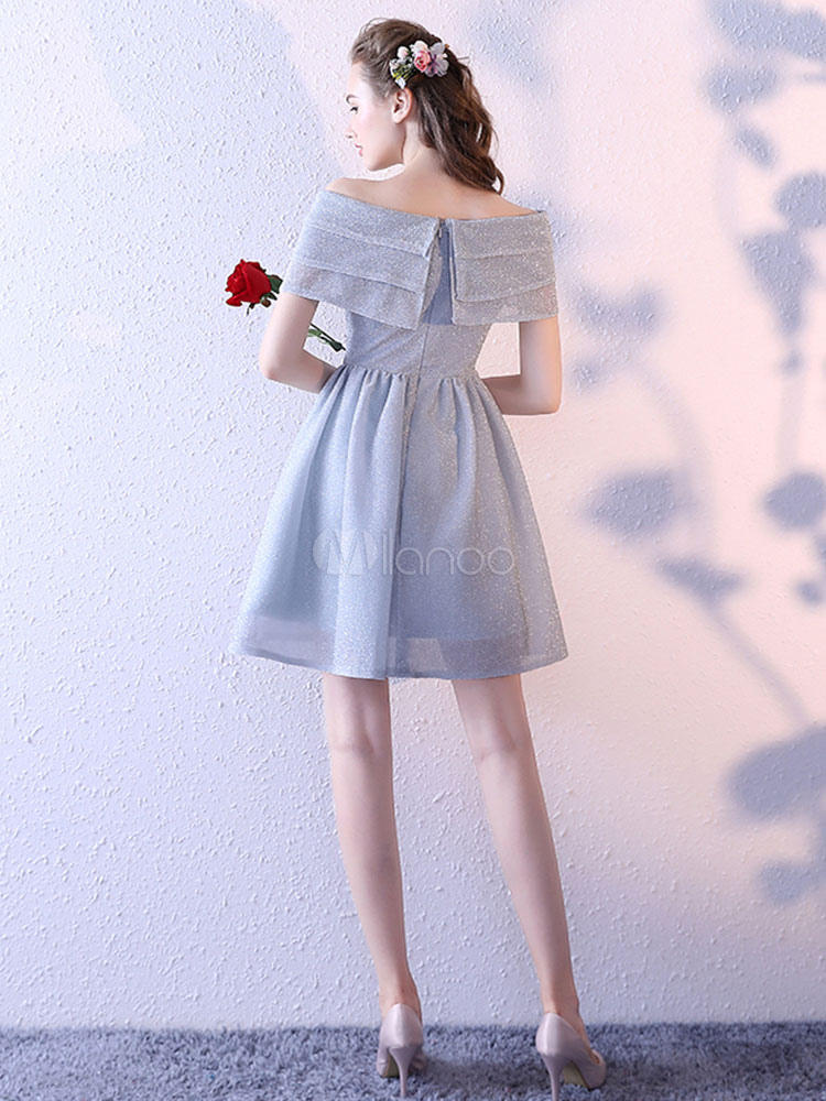 Light Grey Dresses Off The Shoulder Short Sleeve Ruffles A