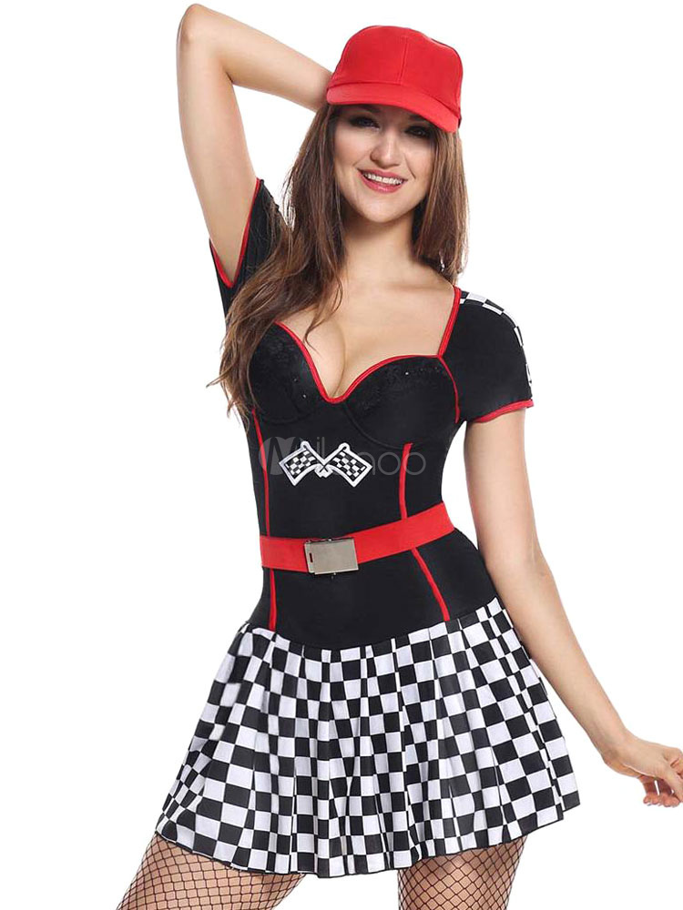 Race Car Driver Costume Women's Sexy Black Plaid Short Dress With Hat ...