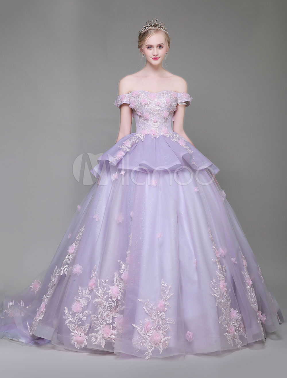 Lila Quinceanera Kleider Luxus Aus Der Schulter Spitze Blumen Ruschen Prinzessin Festzug Kleid Mit Zug Milanoo Com