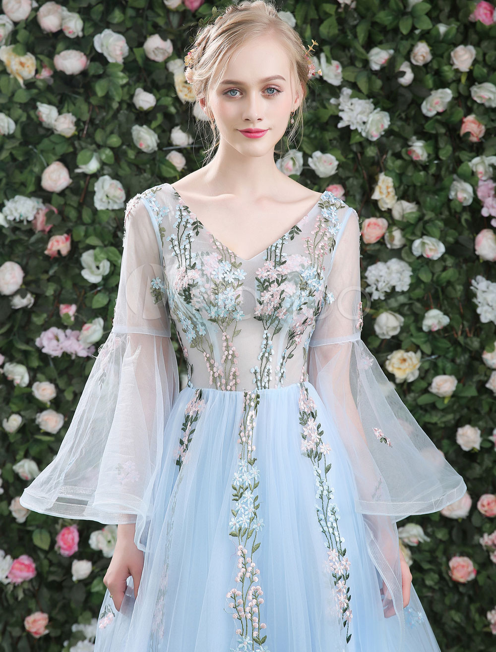 evening gown with bell sleeves
