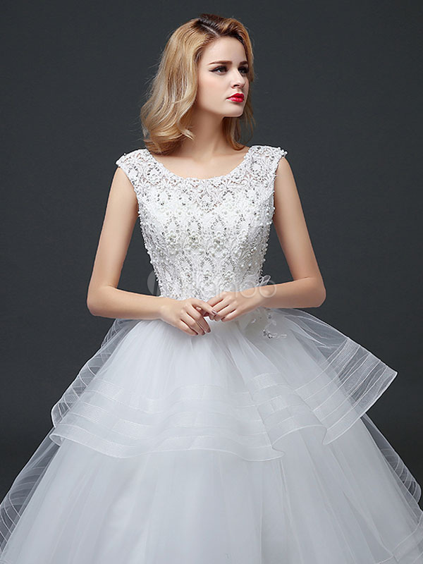 Princess Wedding Dresses Lace Flowers Beaded Keyhole Tulle Tiered Maxi ...