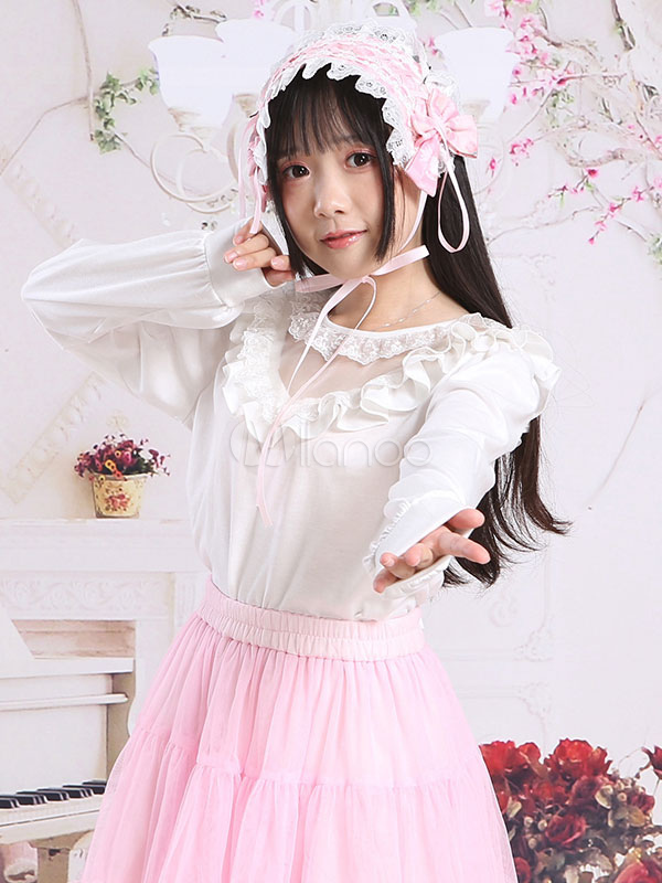 Classic Lolita Blouses Ruffles Round Neck Long Sleeve White Lolita Top