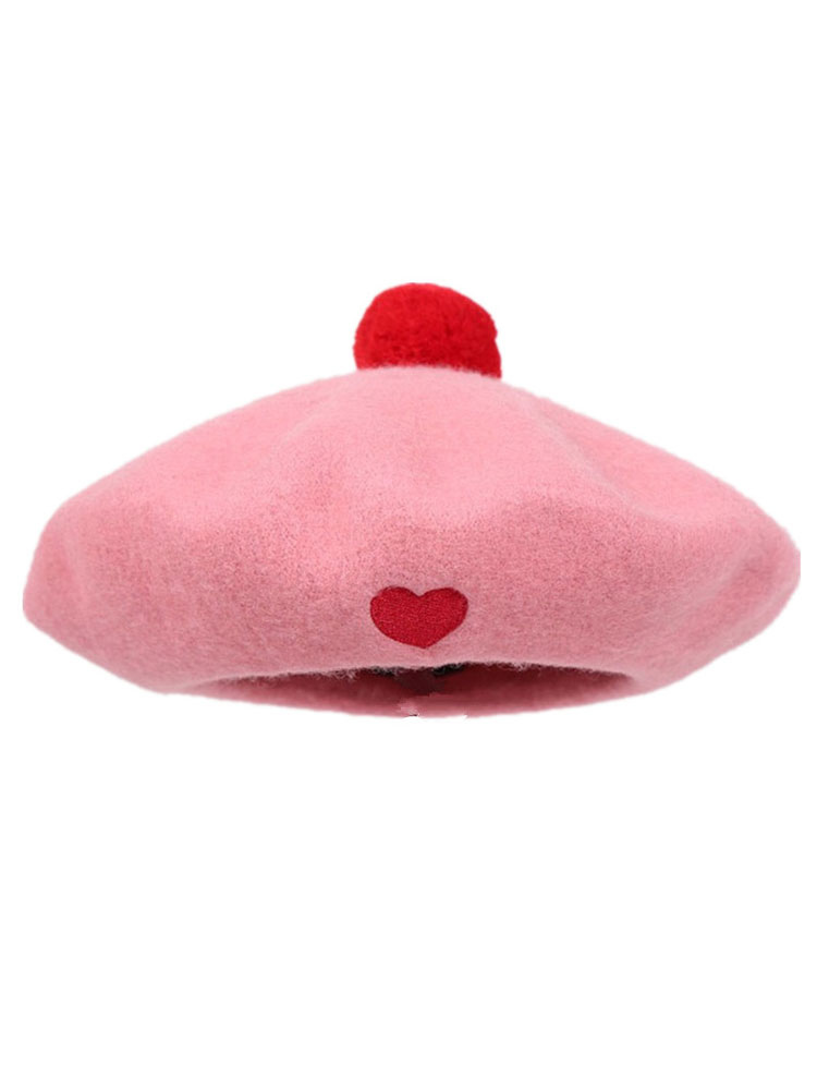 Costumes Lolita | Sweet Lolita Beret Wool Hearts Applique Fuchsia Pink Lolita Barett - HL40861