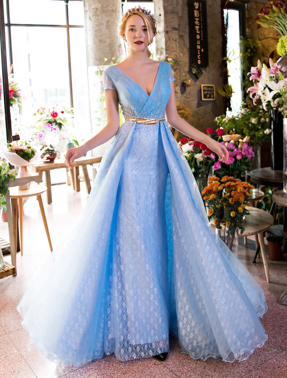 Long Prom Dresses Luxury V Neck Rhinestones Beading Cap Sleeve Pleated ...
