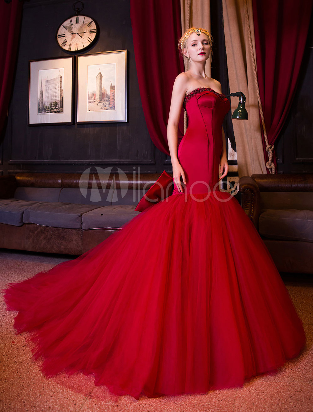 Burgundy Long Sleeves Floral Trumpet Evening Formal Gown