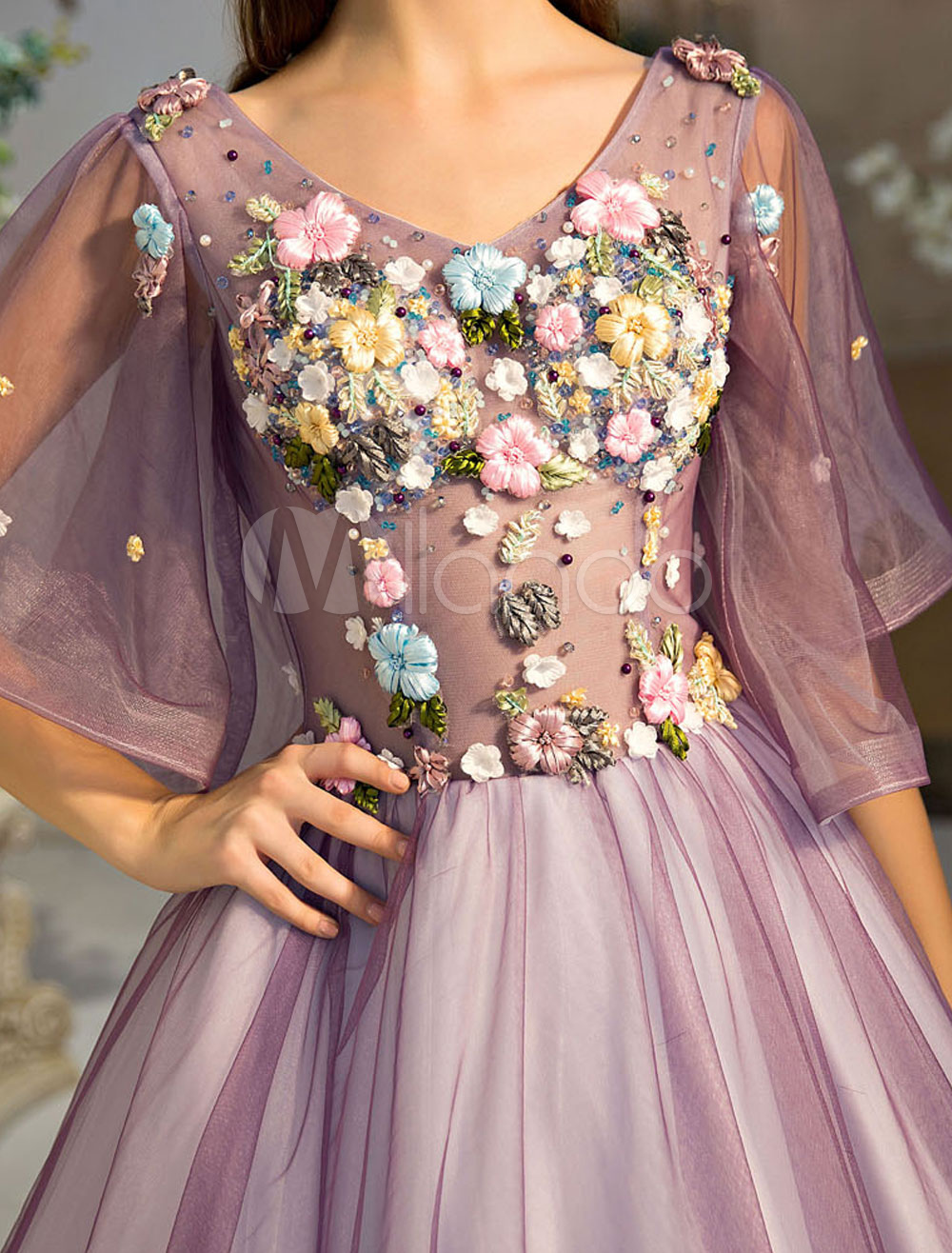 Luxury Quinceanera Dresses Princess Lilac Flowers V Neck Illusion ...
