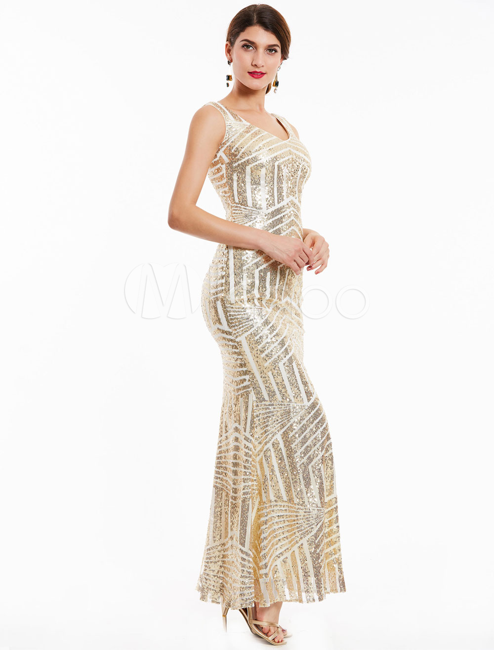 Sequin Evening Dresses Mermaid V Neck Backless Light Gold Formal ...