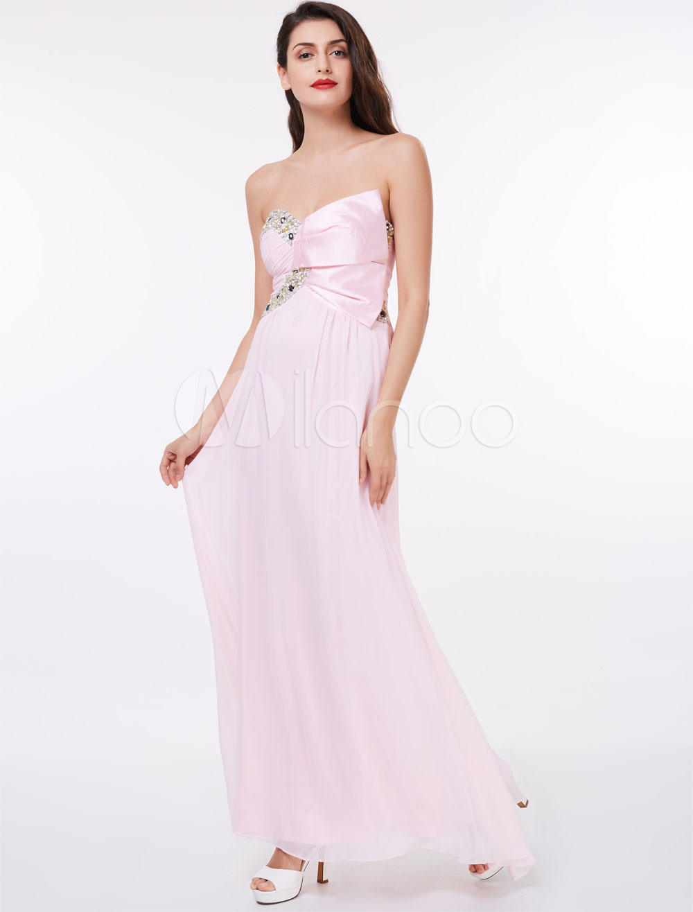Long Bridesmaid Dresses Strapless Beading Chiffon Soft Pink Bridesmaid Dress 6428