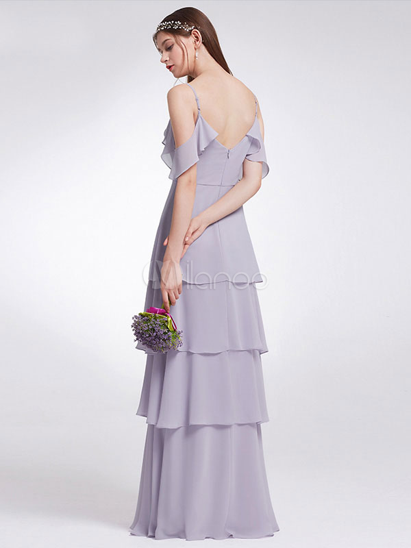 Simple V-neck Beaded Chiffon Dress Lilac