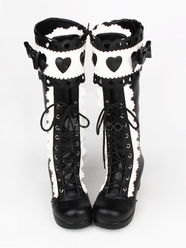 Rococo Lolita Boots Square Toe Platform Chunky Heel Lace Up Bow Black ...