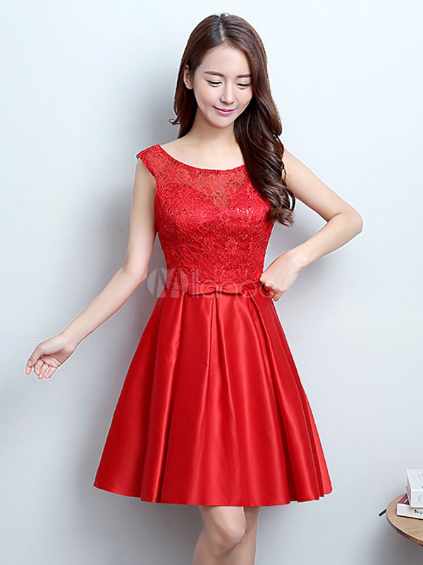 Red Cocktail Dresses Satin Short Homecoming Dress Lace Sequins Bow Sash ...