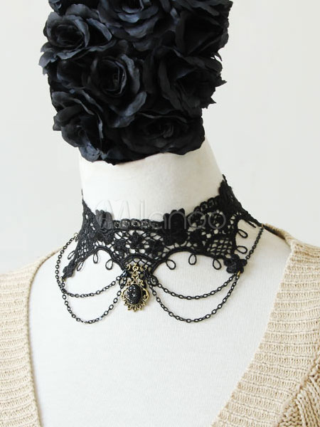 Black Lace Gothic Lolita Pendant Choker Necklace - Vintage Style, Adjustable 33+7cm, For Halloween, Wedding, Cosplay