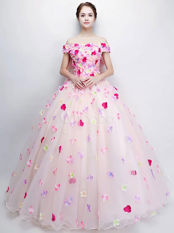 Robe Princesse En Tulle Rose Clair Avec Fleur Col Bateau