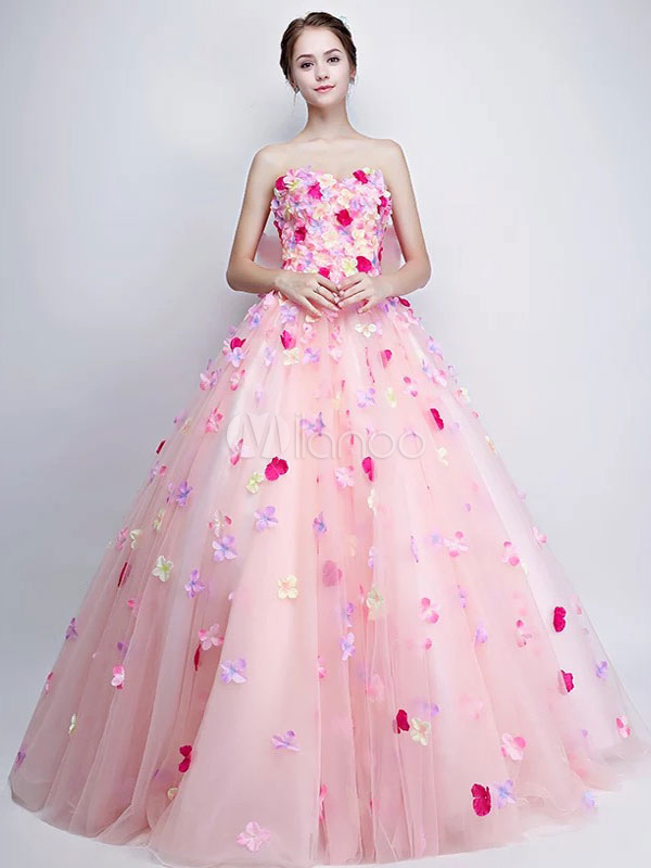  Floral  Quinceanera  Dresses  Soft Pink  Strapless Pageant 