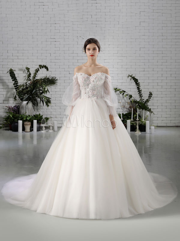 Vestido de novia princesa Con cola con escote barco con manga larga De  banda de encaje estilo princesa - Milanoo.com