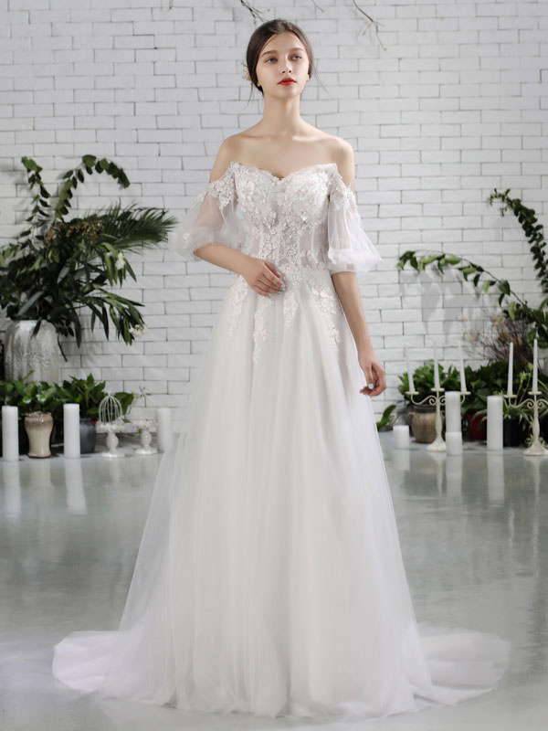 Beach Bridal Dress Ivory Off Shoulder Wedding Gowns Half Sleeve
