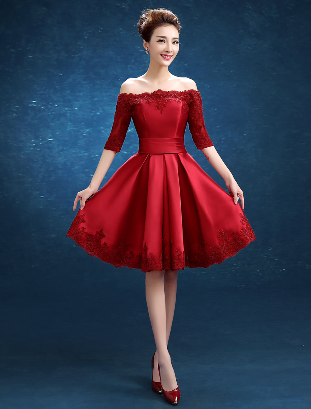 Cocktail Dress Red Short Party Dress Off The Shoulder Lace