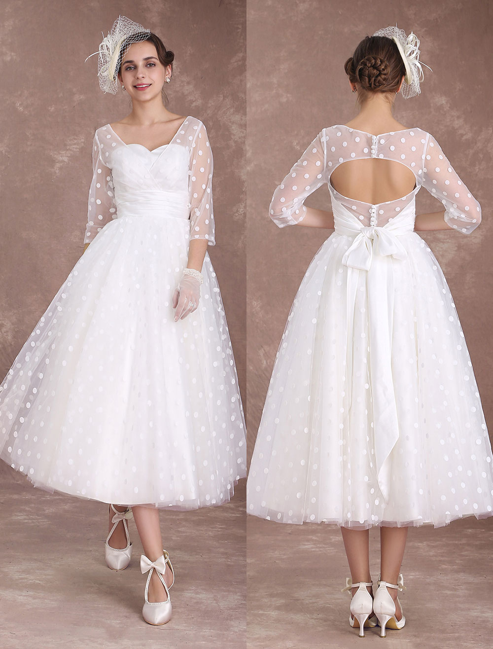 Vintage Wedding Dress Short 1950's Bridal Dresses Ivory Long Sleeve