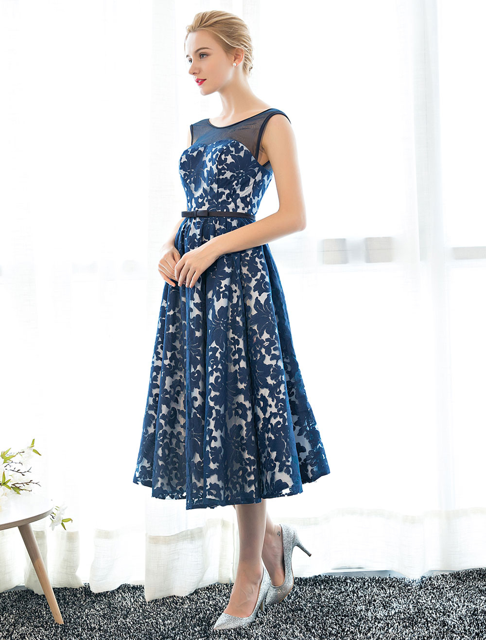Cocktail Dress Lace Dark Navy Tea Length Sweetheart Illusion Low