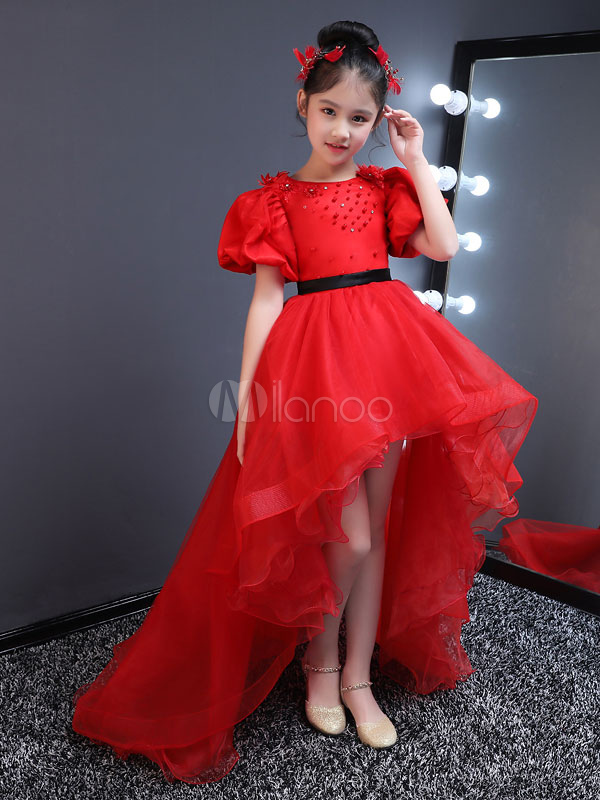 Flower Girl Dresses Red High Low Kids Pageant Dress Short Sleeve