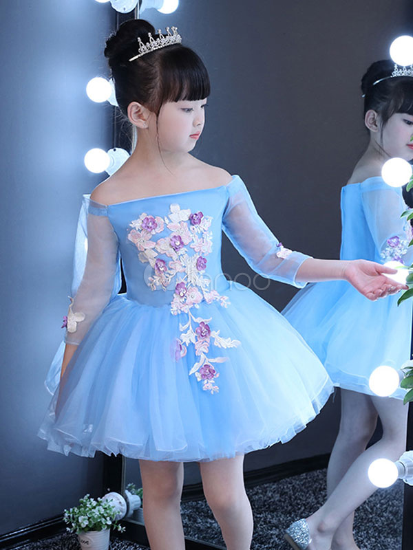 Blue Flower Girl Dresses Off The Shoulder Short Tutu Dress