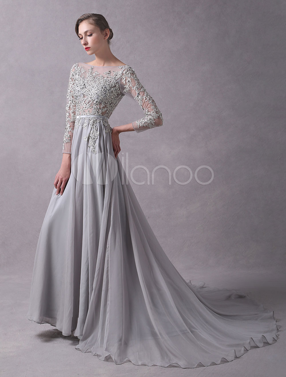gray long sleeve formal dresses
