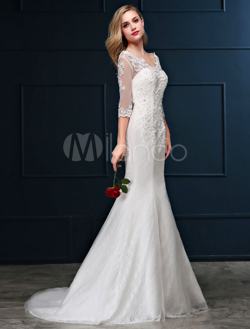 Mermaid Wedding Dress Lace Long Sleeve Bridal Dress V Neck Beaded Backless Slim Fit Ivory 7037