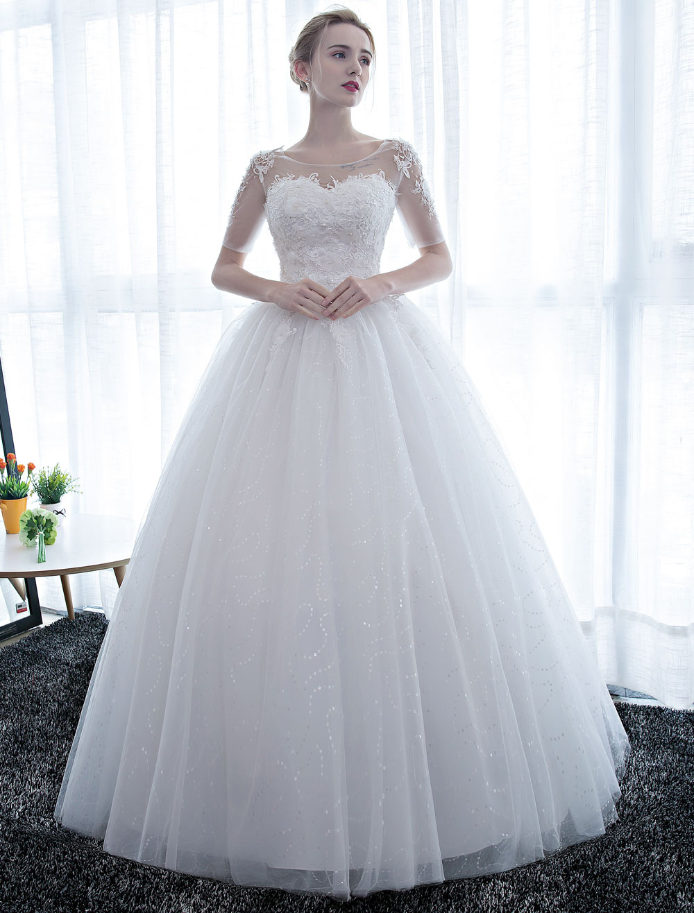 Ivory Wedding Dress Princess Ball Gown Bridal Dress Half Sleeve Lace ...