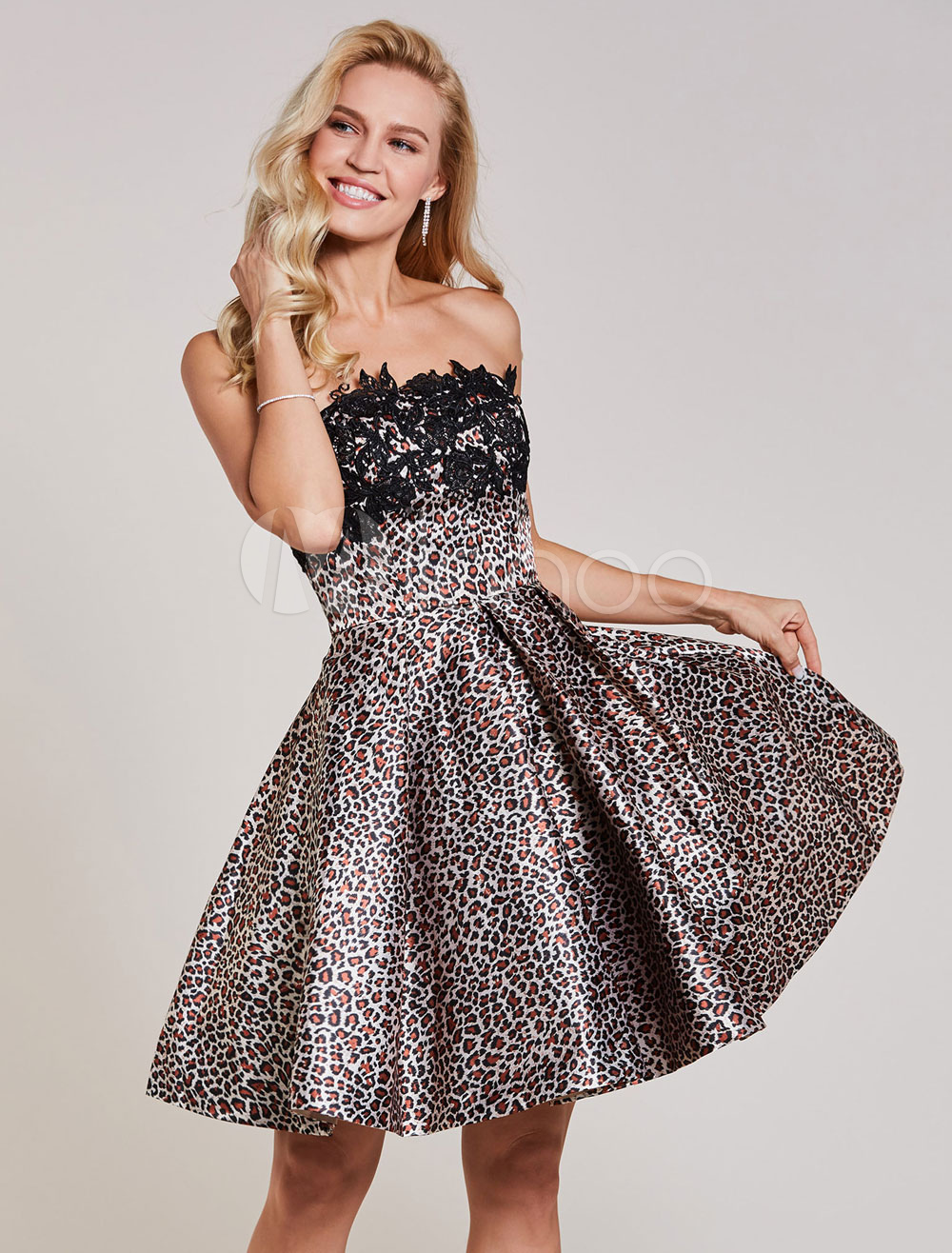 Leopard Cocktail Dresses Printed Strapless Lace Applique Pleated Short